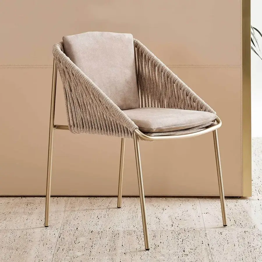Stylish Rugiano Demetra armchair with bronze tubular metal and light beige velvet rope weavings crafted for contemporary seating