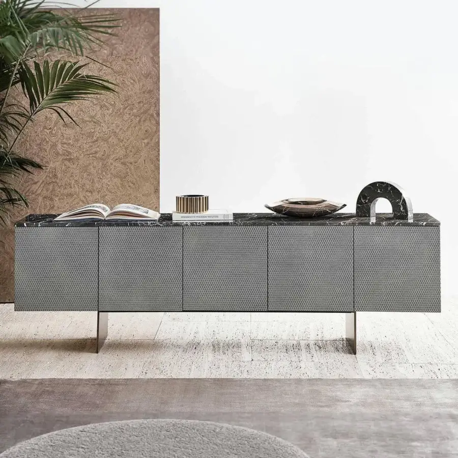 Distinguished Rugiano Penelope sideboard crafted with embroidered leathers, stylish brass details and a refined marble top in cool gray with textured finish
