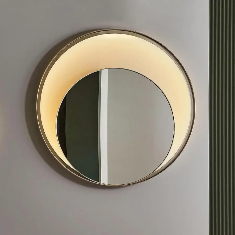 Exceptional Rugiano Double Ring mirror with bronzed brass frame and captivating illuminated accent built in Italy