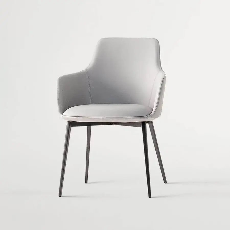 Elegant Bonaldo Itala armchair upholstered in smooth light gray fabric with slim dark matte metal legs