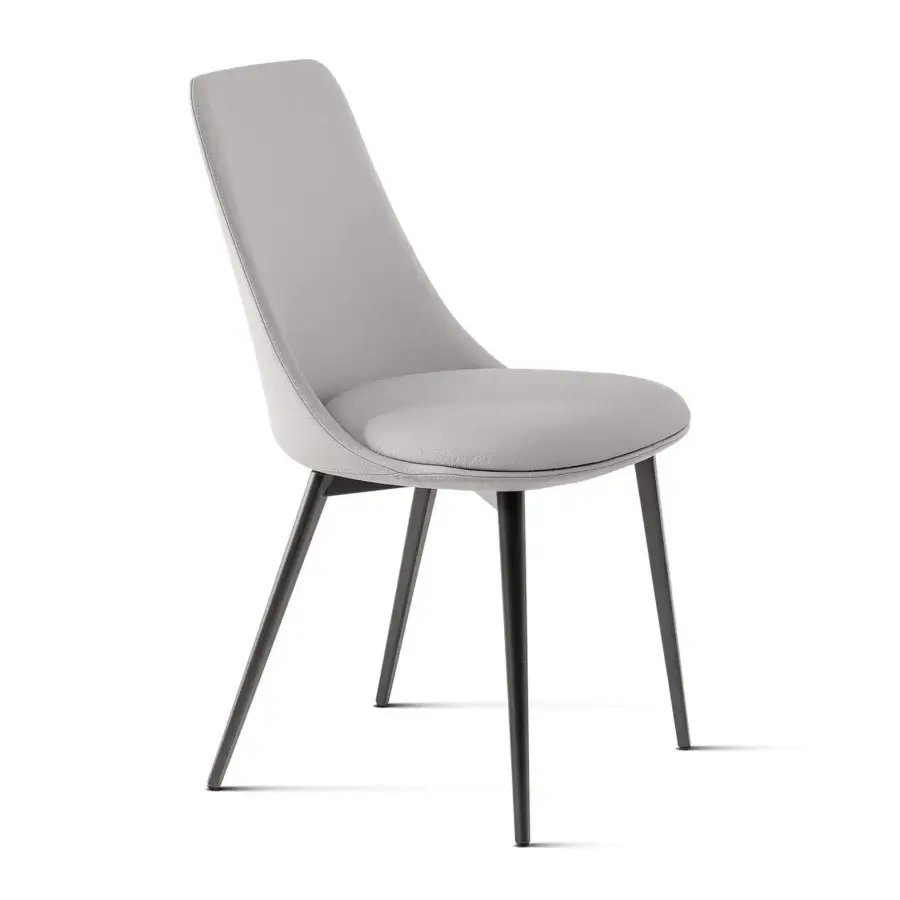 Elegant Bonaldo Itala chair with light gray eco-leather upholstery and slender dark metal angled legs