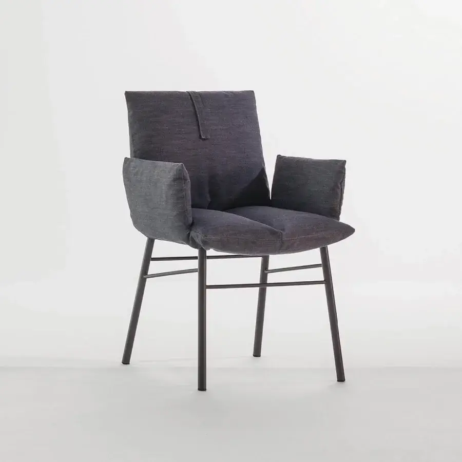 Sophisticated Bonaldo Pil armchair with deep gray textile upholstery and sleek dark metal frame