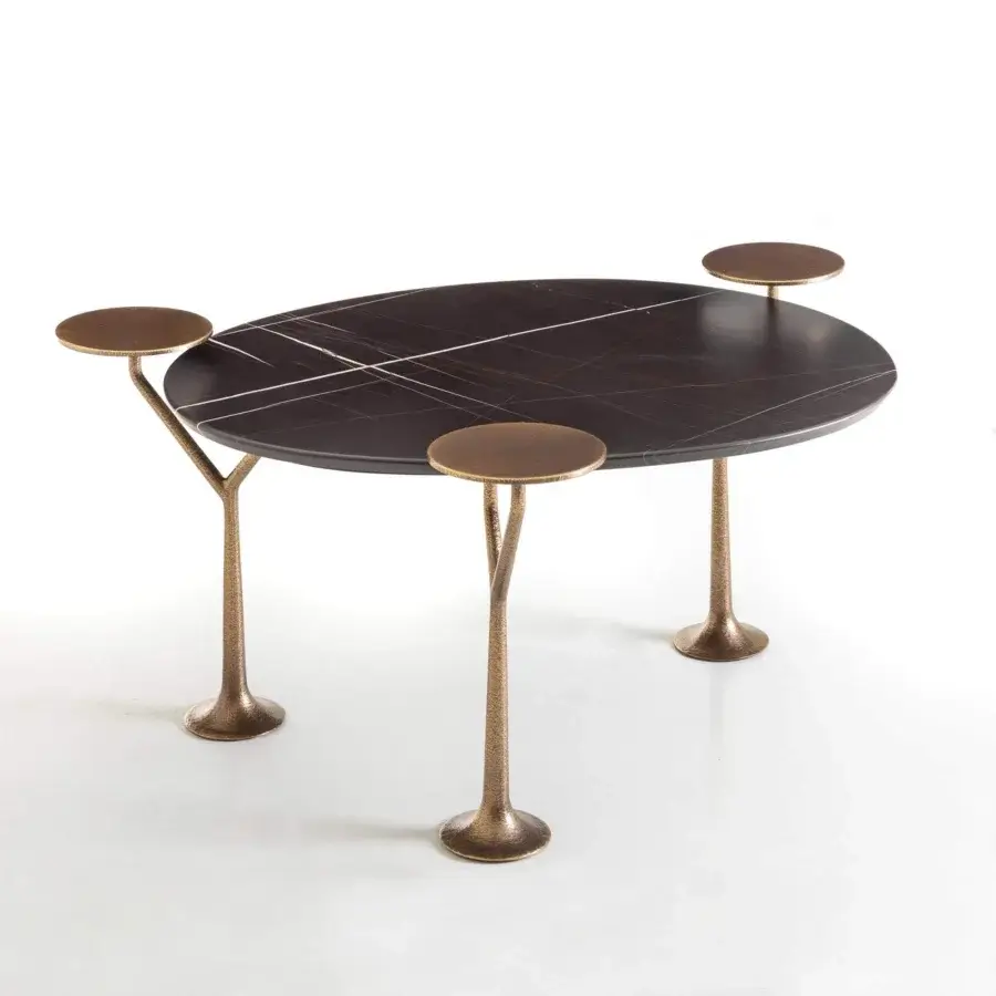 Distinguished Rugiano Bonsai coffee table with oval stone-like top and hammered bronze base, showcasing a matte finish