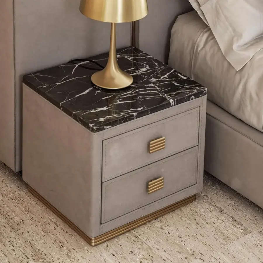 Exclusive Rugiano Rubik nightstand with light gray textile upholstery and dark stone marble top with white veining