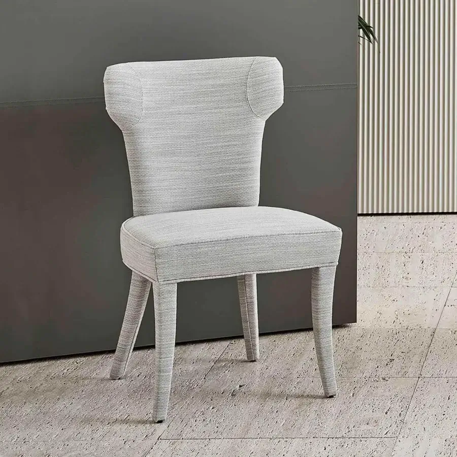 Distinctive Rugiano Guenda chair with light gray woven textile and tapered legs crafted in Italy