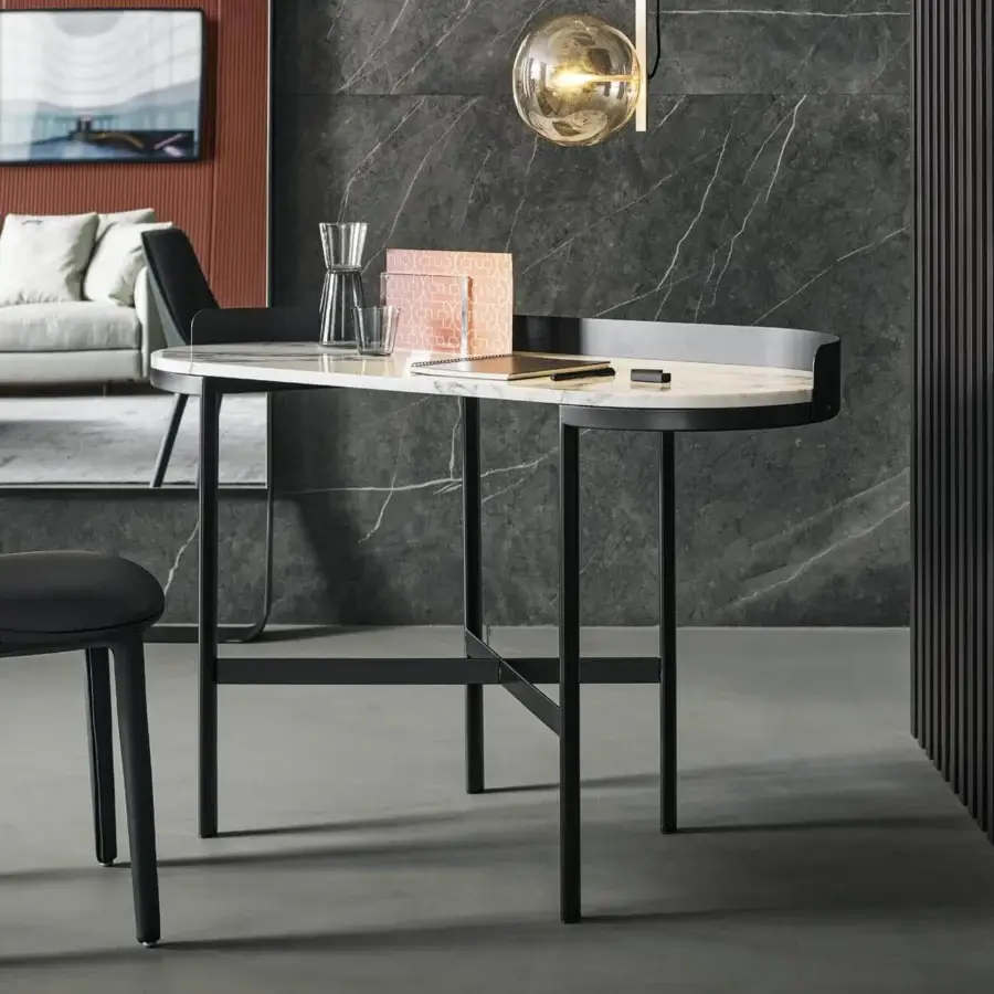 Sophisticated Bonaldo Asia desk with light marble-effect ceramic top and slender black metal frame built in Italy