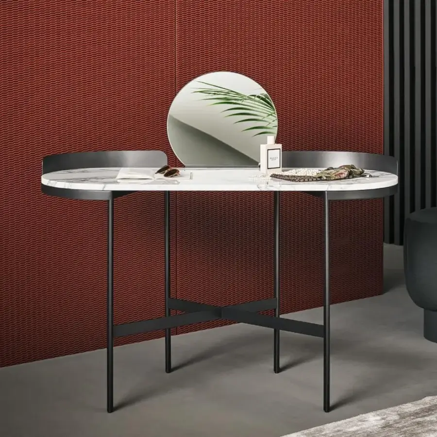 Elegant Bonaldo Asia vanity with white faux marble effect tabletop and sleek black metal structure crafted in ceramic