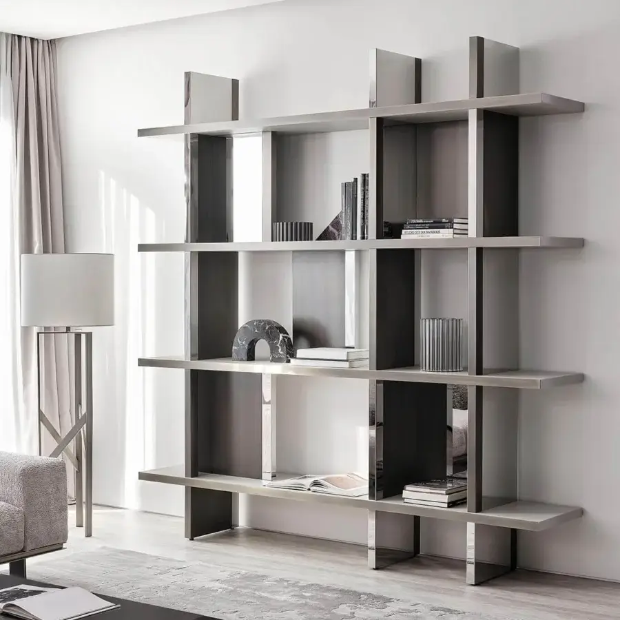 Exceptional Rugiano Asia bookcase with refined gray leathers and bronze-finished metal panels creating a geometric form