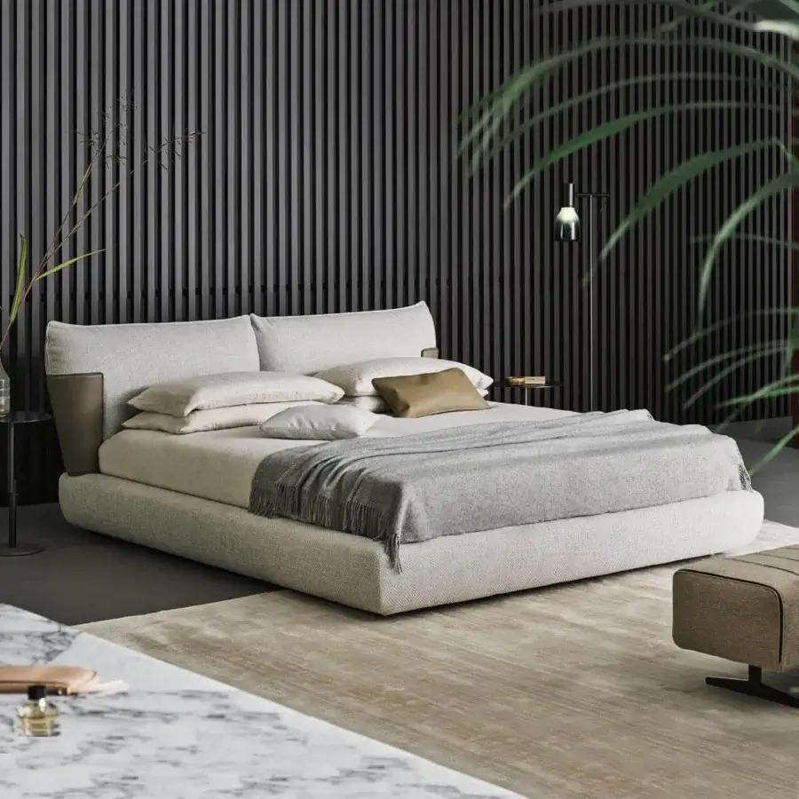 Superior Bonaldo Blend bed with textured light beige fabric and dark brown emery leather inserts in matt painted metal