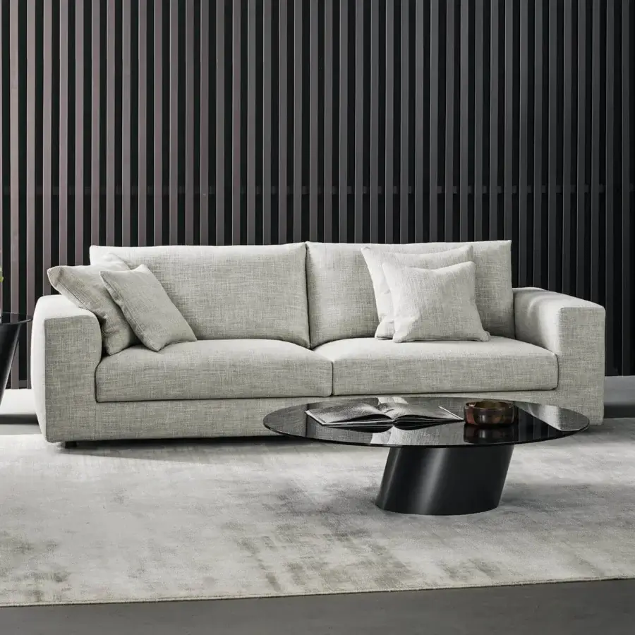 Distinguished Bonaldo Superhiro sofa with light gray textile upholstery and cylindrical metal feet presents a matte finish