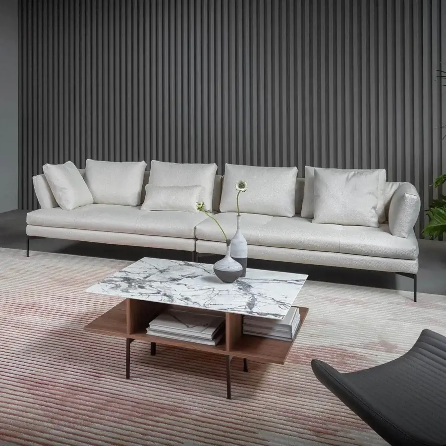 Superior Bonaldo Aliante sofa with wood and metal structure upholstered in light cream textile and slender legs