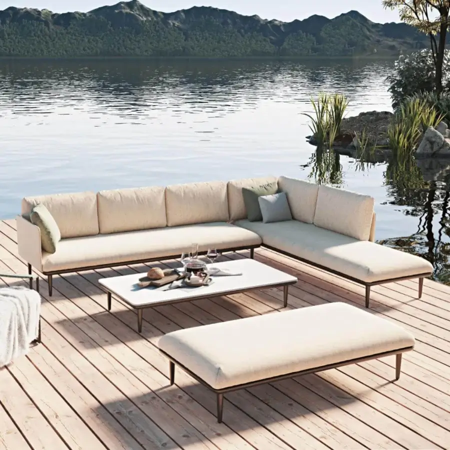 Superior Royal Botania Styletto Lounge sectional with light beige fabric upholstery and dark metal framing