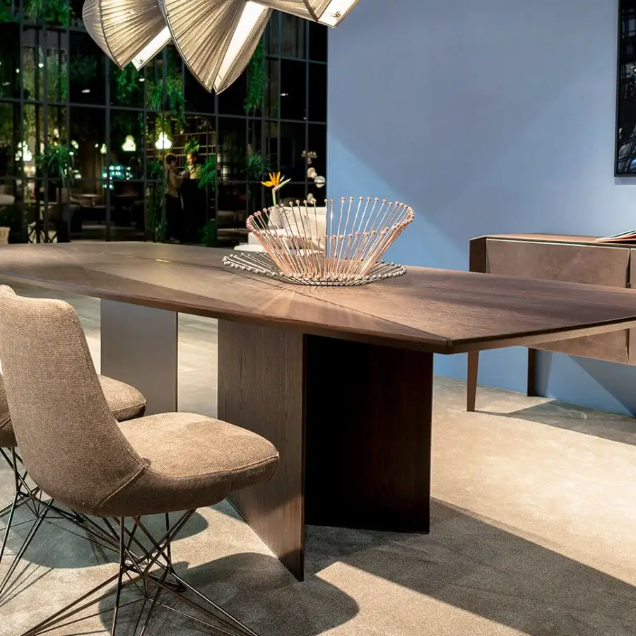 Architectural Arketipo Epsilon table with moka oak top and base, titanium metal leg, plus decorative metal insert