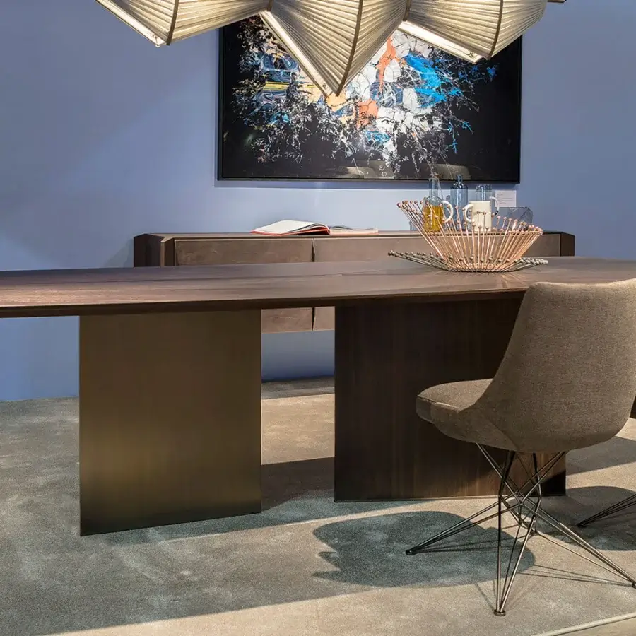 Distinguished Arketipo Epsilon table with moka oak tabletop and base, titanium metal leg finish