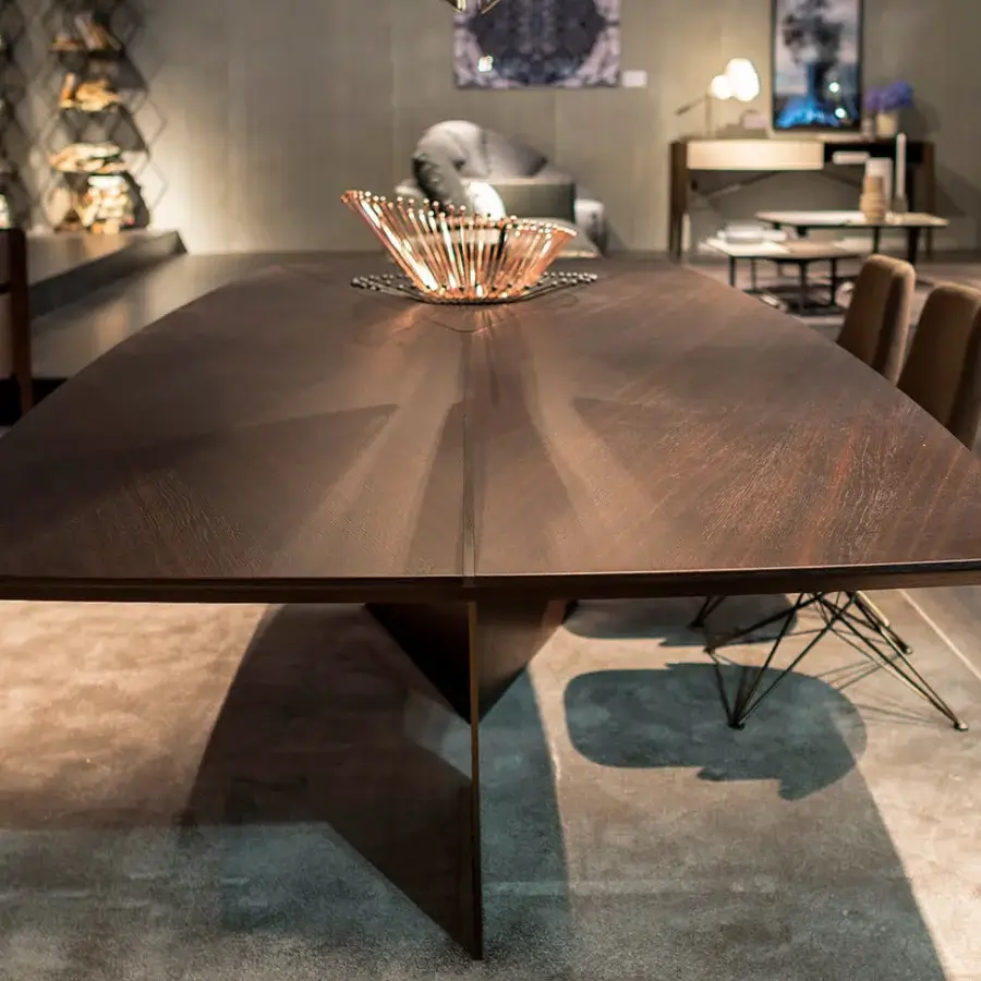 Exceptional Arketipo Epsilon table with boat-shaped moka oak top, titanium metal leg and pedestal base