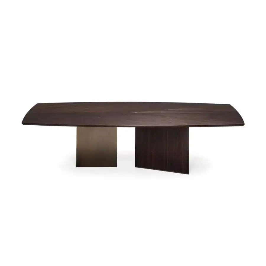 Architectural Arketipo Epsilon table crafted in moka oak with a titanium-finished metal leg, displaying dynamic design