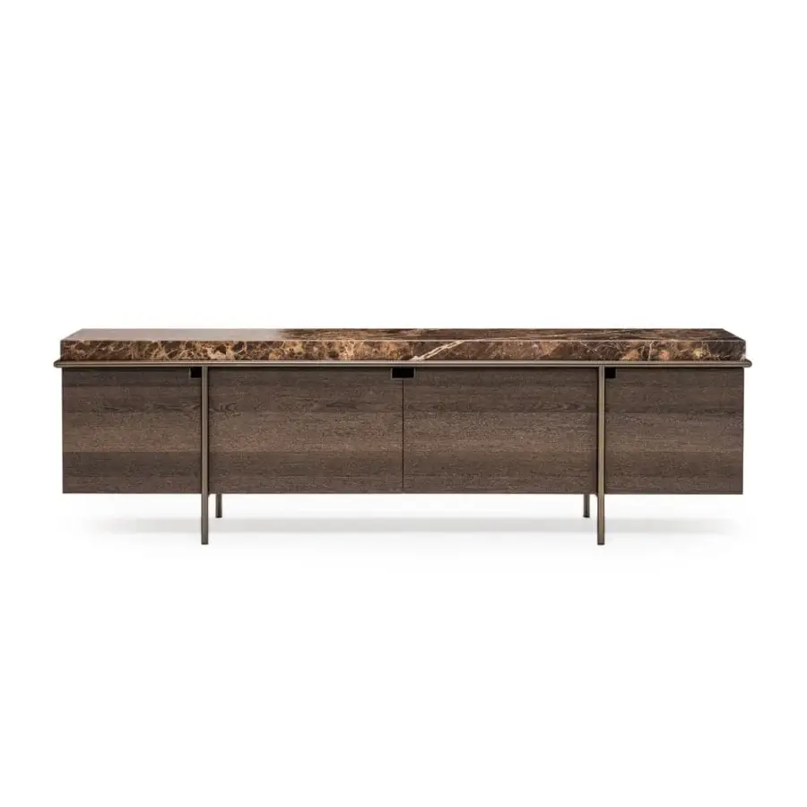 Superior Arketipo Aura sideboard with dark-stained wood, Italian Emperador marble top and matching matte metal piping