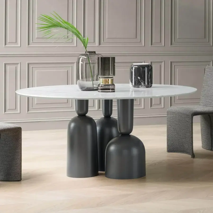 Innovative Bonaldo Cop table with a grey veined marble tabletop and dark grey painted metal base