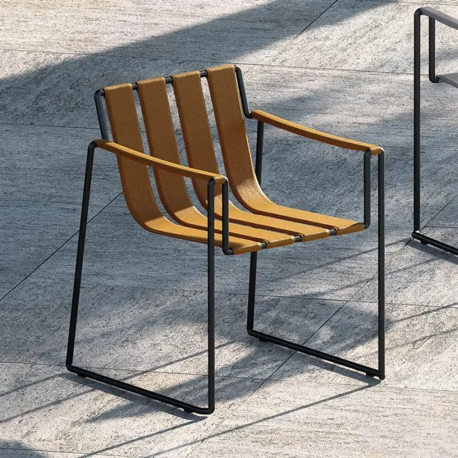 Distinguished Royal Botania Strappy armchair with tan seating straps and matte black coated stainless steel frame