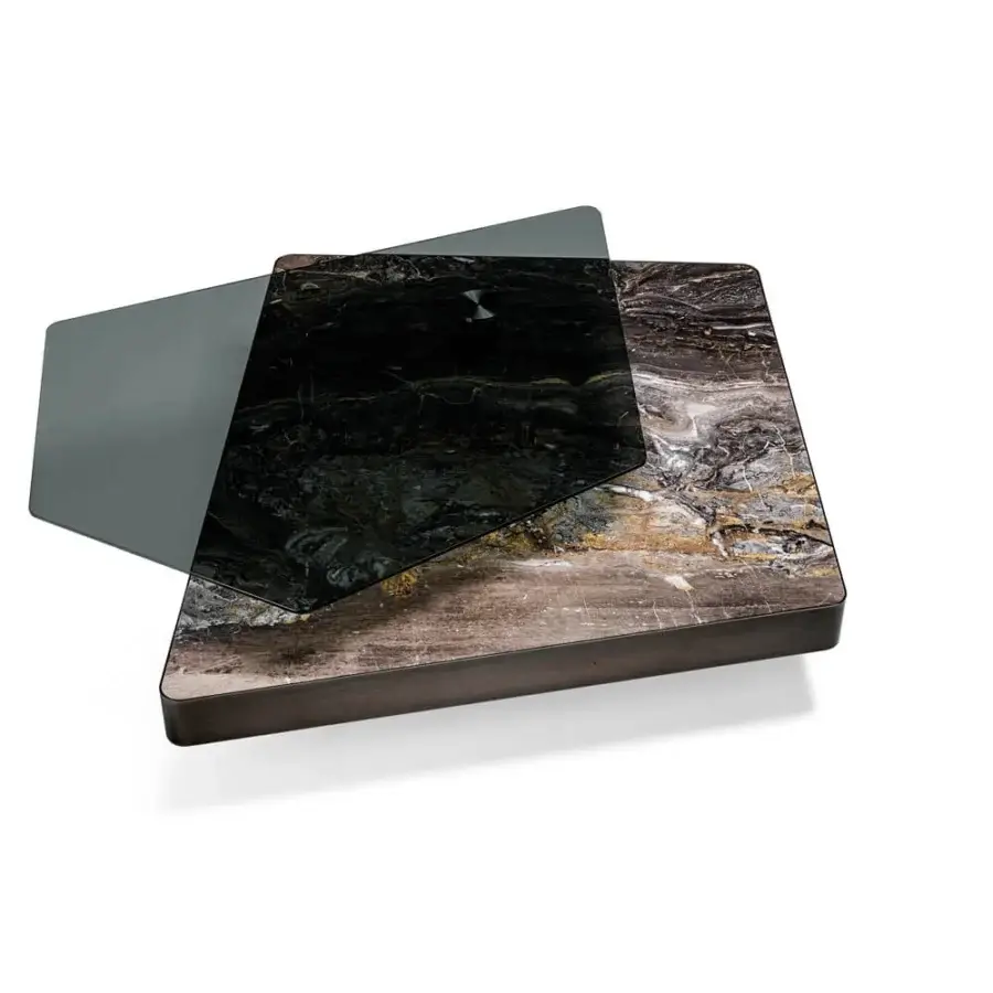Superior Arketipo Final Cut coffee table with black varnished metal and rotating smoked glass revealing Arabesque Grey Marble framing in Black Nickel finish