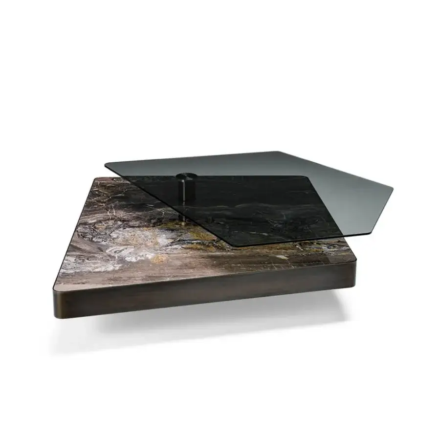 Elegant Arketipo Final Cut coffee table with black varnished metal, rotating smoked glass, and Arabesque Grey Marble framed in Black Nickel