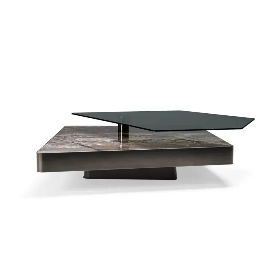 Distinguished Arketipo Final Cut coffee table with smoked glass, Arabesque Grey Marble, and black nickel varnished metal framing