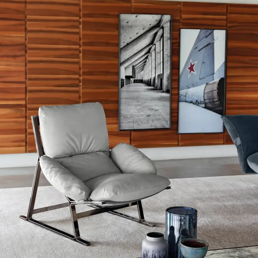 Distinguished Arketipo Belair lounge chair with light gray textile upholstery and black nickel metal structure