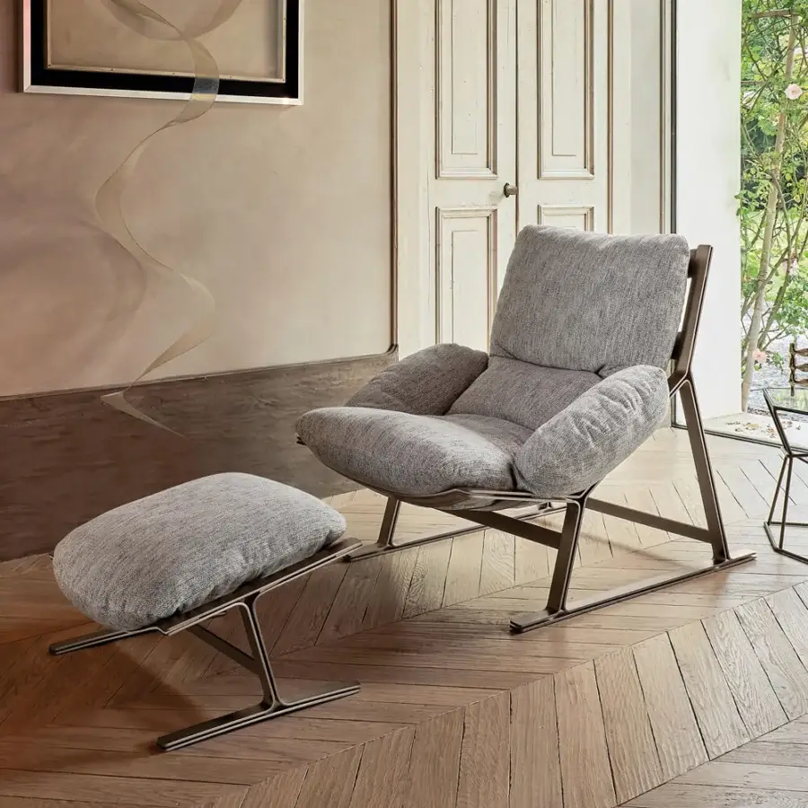 Exceptional Arketipo Belair lounge chair with gray woven textile upholstery and Black Nickel metal frame built with Pelle Leonardo leather straps
