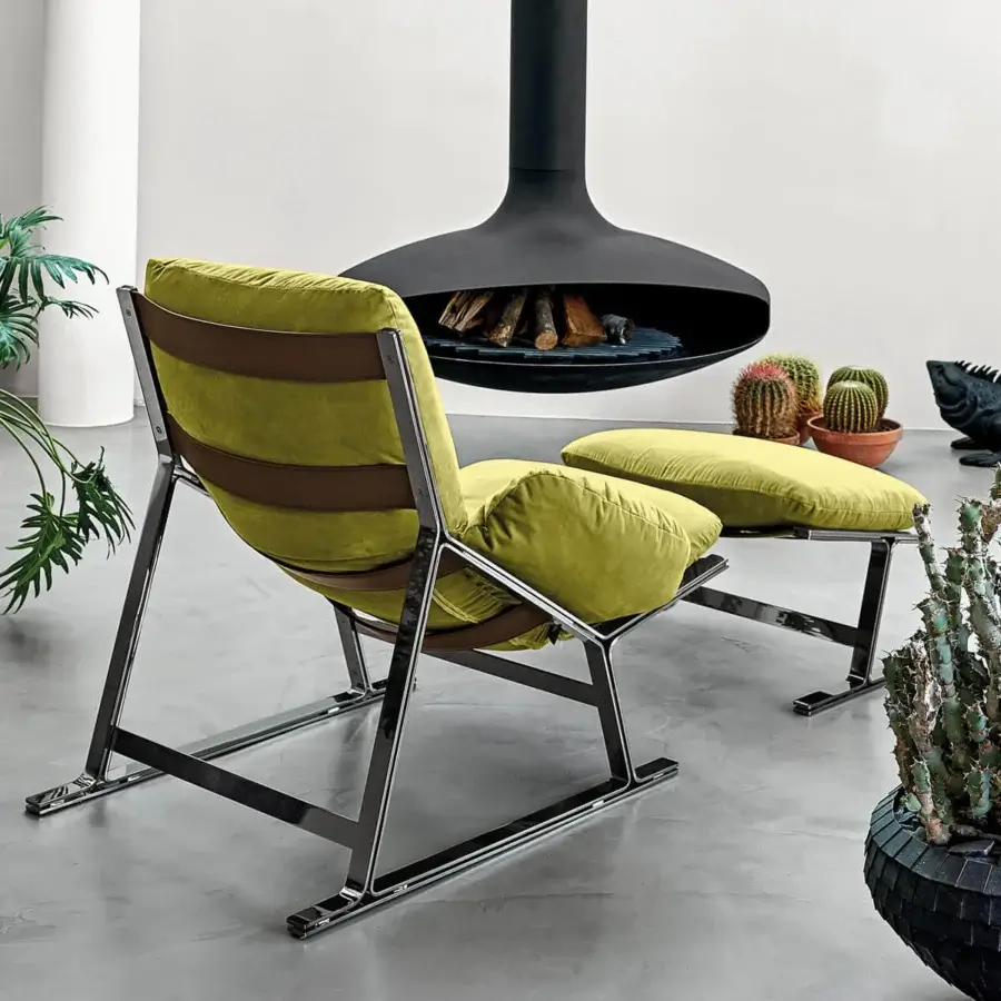 Harmonious Arketipo Belair lounge chair with olive-green plush textile cushions and brown Pelle Leonardo leather straps in Titanium finish