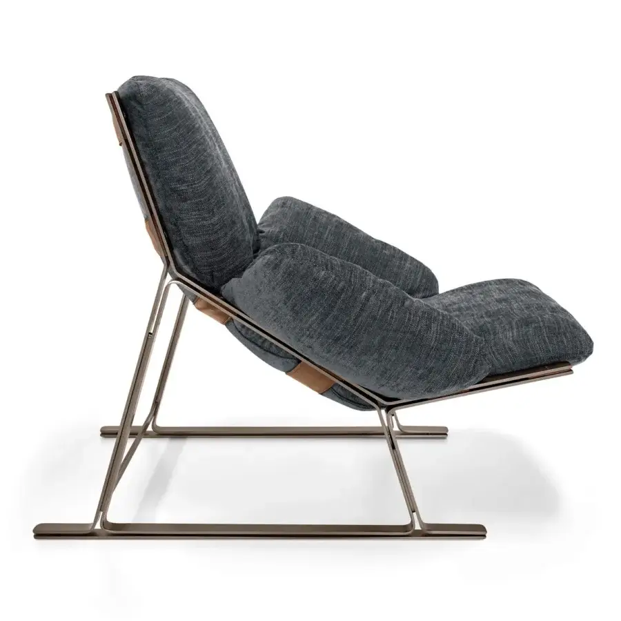 Distinguished Arketipo Belair lounge chair with dark gray textured textile upholstery and tan leather straps in matte brown varnished micaceous finish