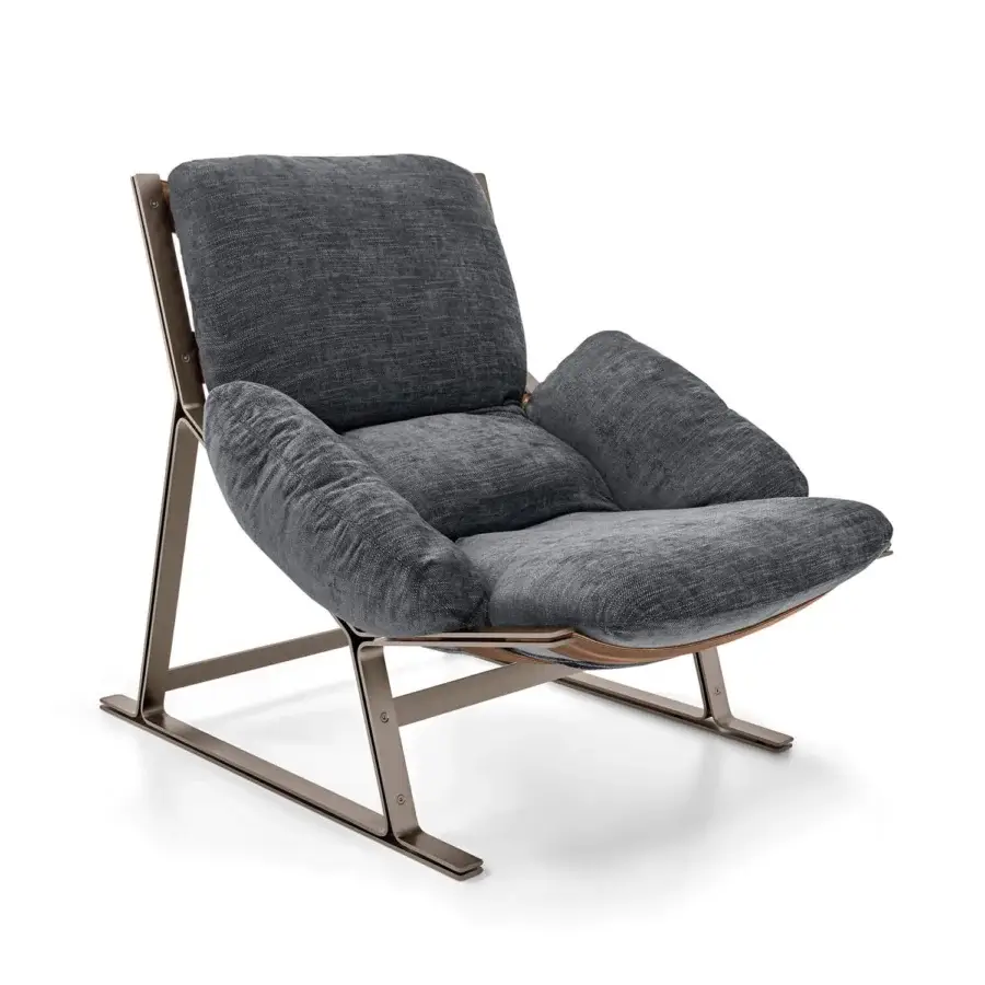 Sophisticated Arketipo Belair lounge chair with dark gray fabric upholstery and Oxy Grey metal structure crafted with leatherette straps