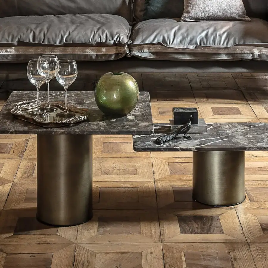Distinguished Arketipo Petra coffee table with matt Emperador marble top and micaceous brown metal base