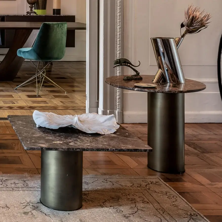 Harmonious Arketipo Petra coffee table with square Emperador marble top and brushed bronze metal pedestal base