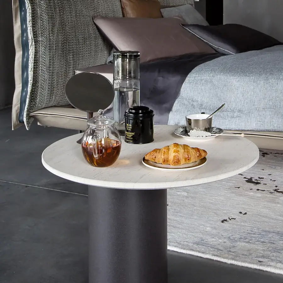 Exceptional Arketipo Petra coffee table with sandstone top and micaceous brown cylindrical metal base