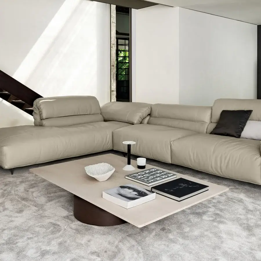 Superior Arketipo Petra coffee table with light-toned rectangular top in matt sandstone and cylindrical metal base