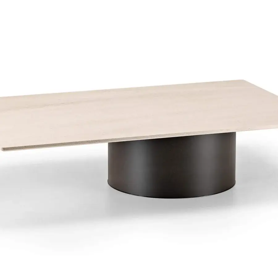 Elegant Arketipo Petra coffee table with sandstone wood-grain top and dark micaceous brown cylindrical metal base