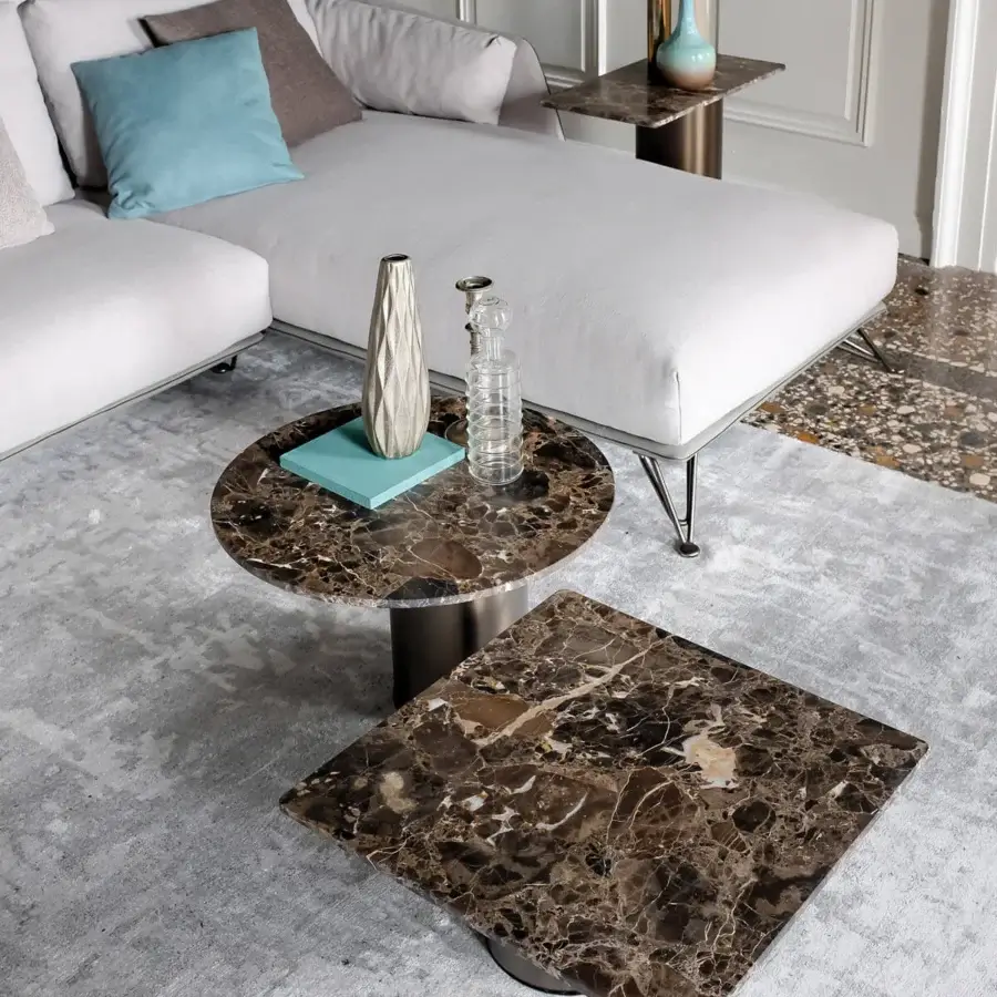 Distinguished Arketipo Petra side table with square Emperador marble top and cylindrical metal base in bronze or dark metallic finish
