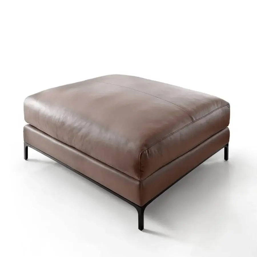 Exclusive Ditre Italia Artis ottoman with smooth brown leather upholstery and slender black metal base crafted with “Punto Pettine” stitching