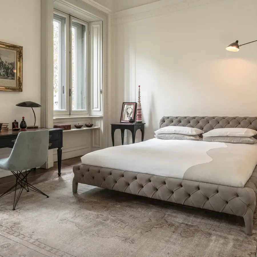 Sumptuous Arketipo Windsor Dream bed with neutral gray velvet upholstery and rhombus hand-made tufting with a subtle matte finish