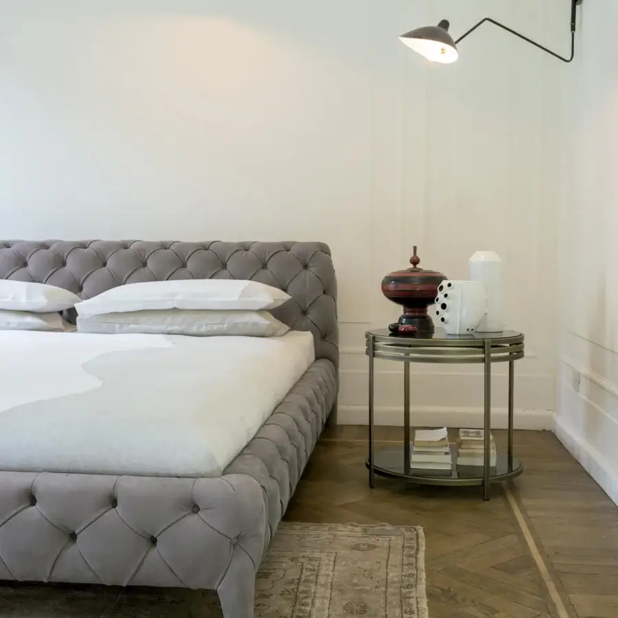 Exceptional Arketipo Windsor Dream bed with plush matte gray textile and rhombus pattern upholstery crafted in Italy