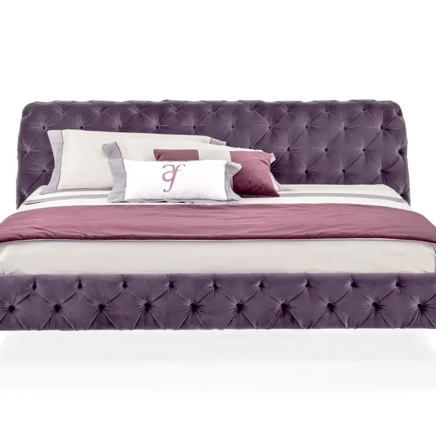 Superior Arketipo Windsor Dream bed with plush muted purple textile and meticulous hand-made diamond tufting crafted in Italy
