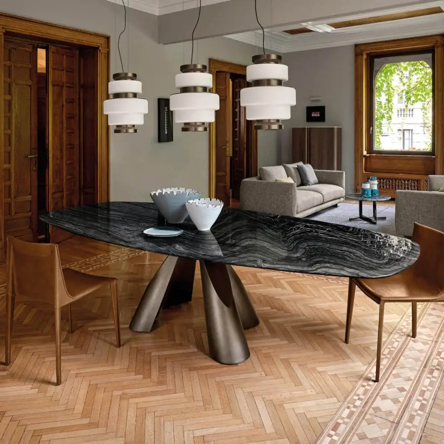 Exceptional Arketipo Prince table with shaped marble top displaying swirling dark gray and black patterns in a black nickel finish