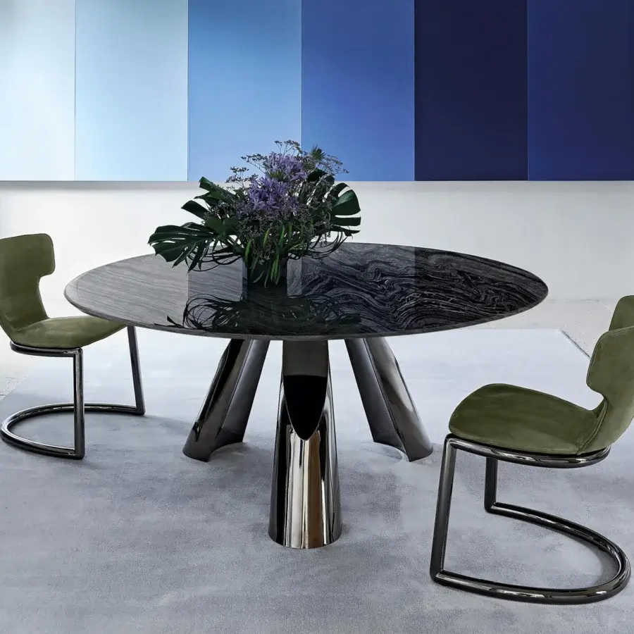Elegant Arketipo Prince table with shaped marble top and dark black nickel reflective metal base