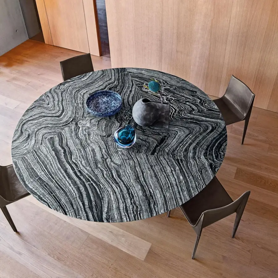 Exceptional Arketipo Prince table with round marble top and varnished micaceous brown metal base
