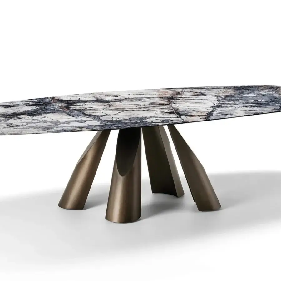 Distinguished Arketipo Prince table crafted in Italy with shaped marble displaying gray, white, and black tones and micaceous brown metal base