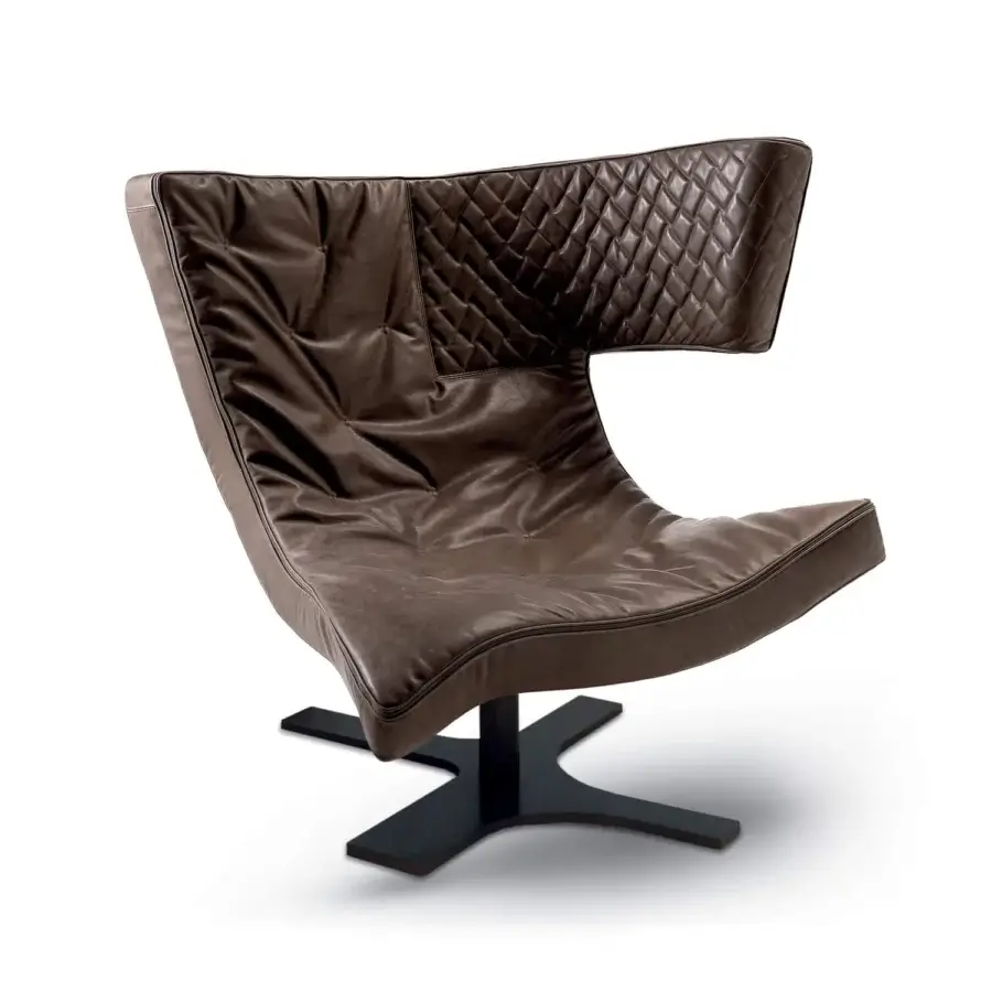Distinguished Arketipo Roxy lounge chair with sinuous form and pinch-quilted medium brown leather upholstery supported by a sleek dark metal base
