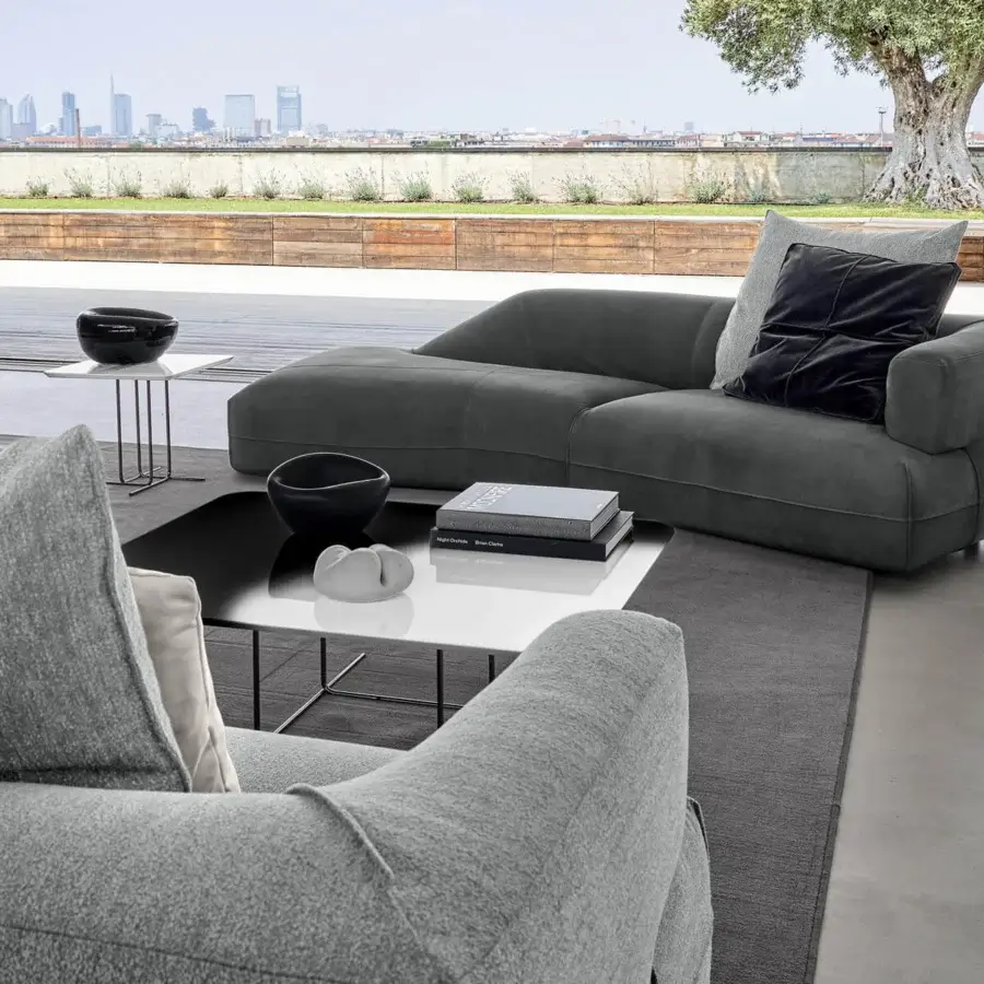 Superior Arketipo Starman sofa with wood structure and dark gray textile upholstery exhibiting clean contours and a matte finish