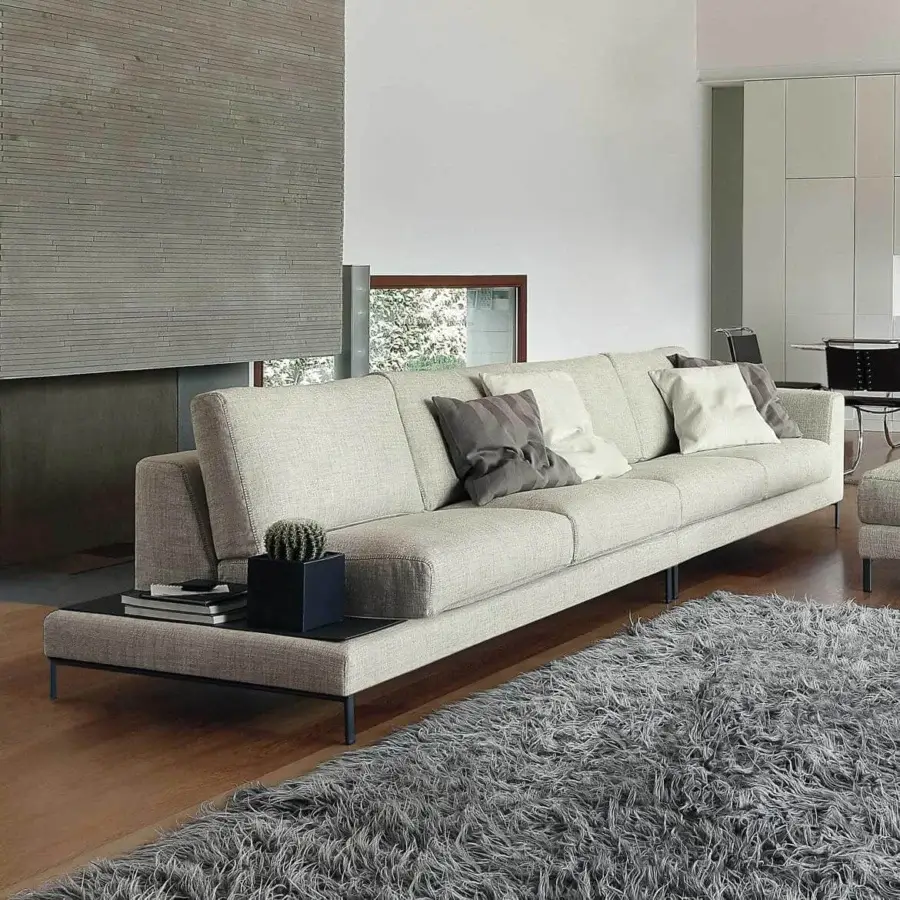 Meticulous Ditre Italia Artis sofa with textured light beige fabric and slender dark metal legs built with Punto Pettine stitching