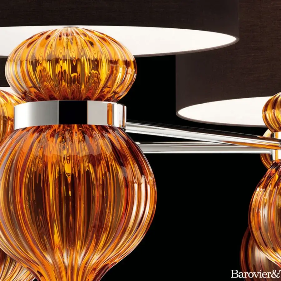 Captivating Barovier&Toso Medina suspension lamp crafted in amber glass with ridged texture and reflective metal supports with dark textile shades