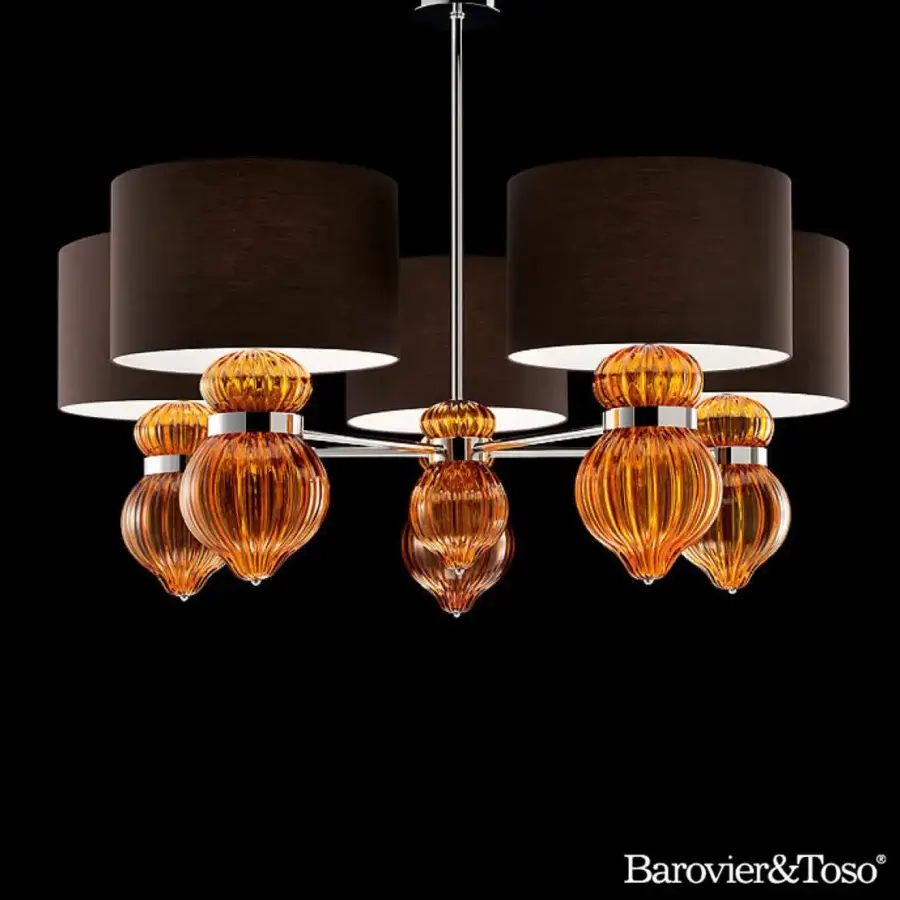 Distinctive Barovier&Toso Medina suspension lamp with ribbed amber glass elements and dark brown cylindrical textile lampshades crafted in Italy
